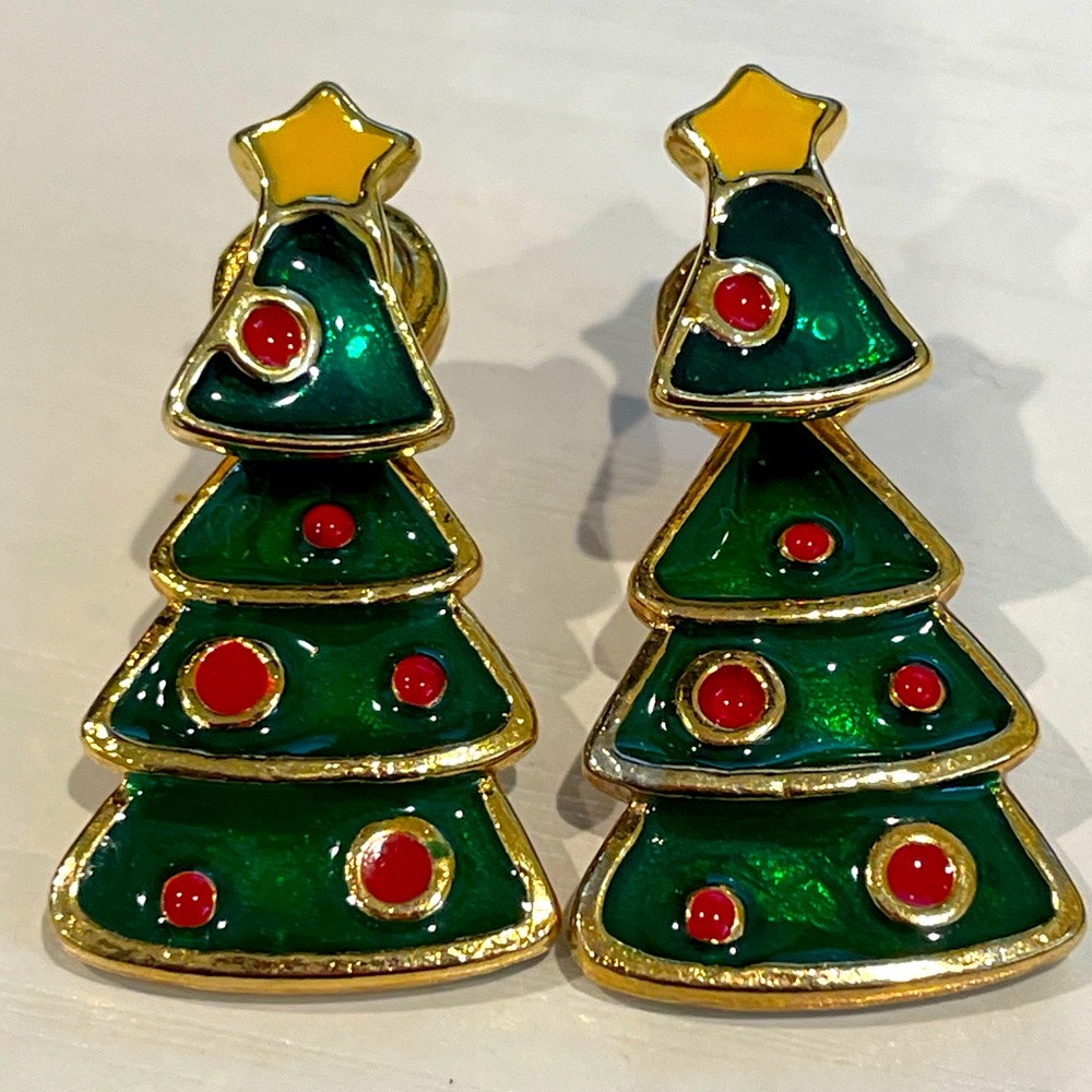 EARRINGS CHRISTMAS TREE GREEN RED ENAMEL STUD POSTS PIERCED VINTAGE SIGNED AIM